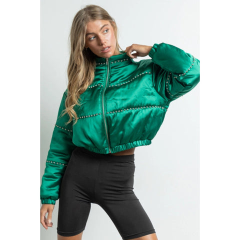 Women's Clothing Long Sleeve Satin Cropped Bomber Jacket Green-Jacket-KIWI-S-Green-Urbanheer