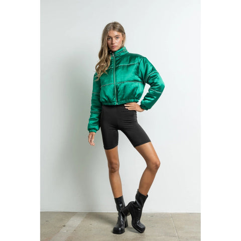 Women's Clothing Long Sleeve Satin Cropped Bomber Jacket Green-Jacket-KIWI-S-Green-Urbanheer