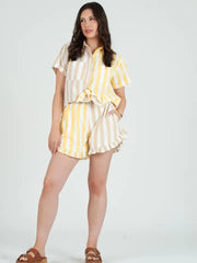 Women's Color Blocked Striped Button Down Short Sleeve Top-Top-Lucca Couture-XS-BEIGEYELLOW-Urbanheer