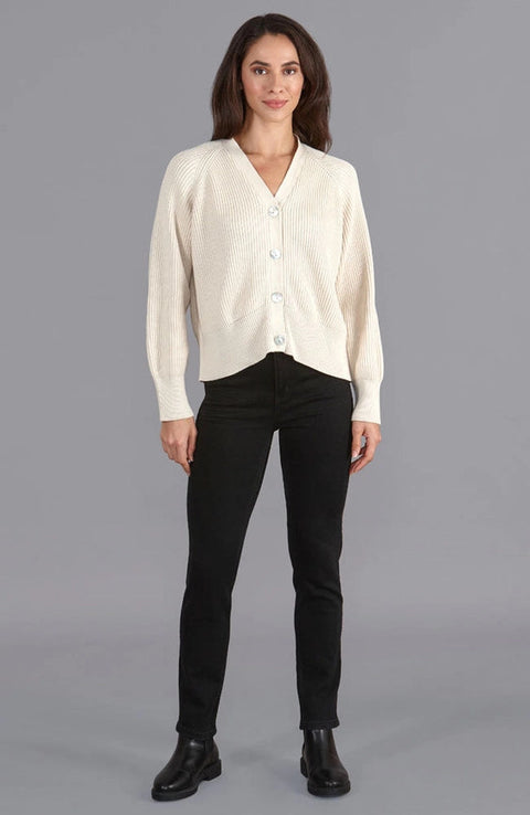Womens Cotton Oversized V Neck Ribbed Cardigan Ecru-Cardigan-Paul James Knitwear-S-Urbanheer