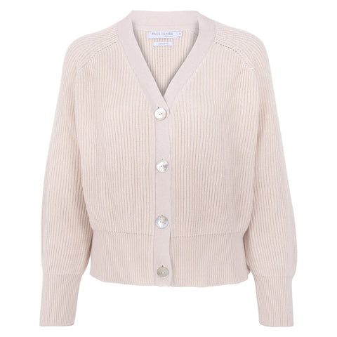 Womens Cotton Oversized V Neck Ribbed Cardigan Ecru-Cardigan-Paul James Knitwear-S-Urbanheer