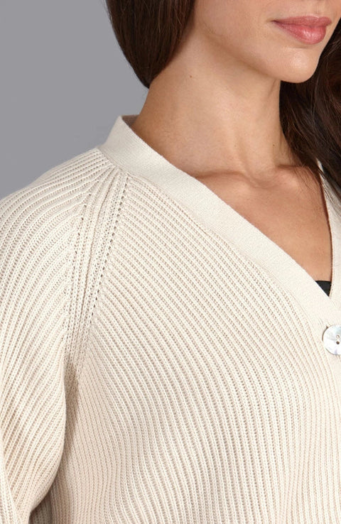 Womens Cotton Oversized V Neck Ribbed Cardigan Ecru-Cardigan-Paul James Knitwear-S-Urbanheer