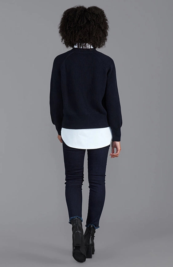 Womens Cotton Oversized V Neck Ribbed Cardigan Navy-Cardigan-Paul James Knitwear-S-Urbanheer