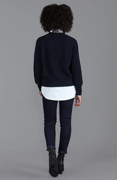 Womens Cotton Oversized V Neck Ribbed Cardigan Navy-Cardigan-Paul James Knitwear-S-Urbanheer