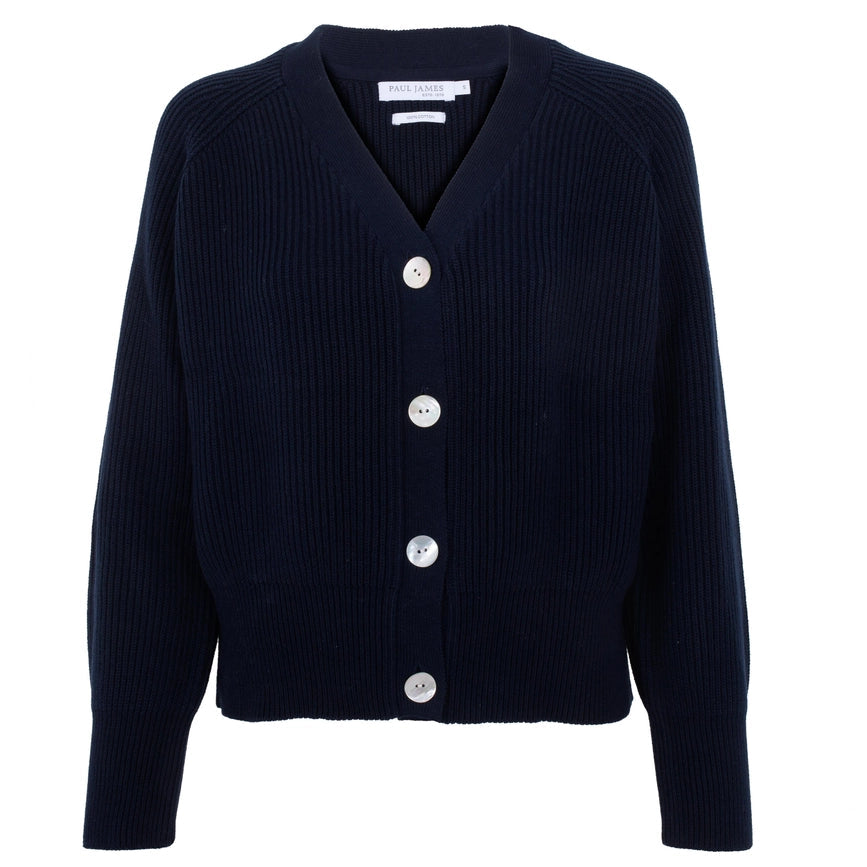 Womens Cotton Oversized V Neck Ribbed Cardigan Navy-Cardigan-Paul James Knitwear-S-Urbanheer
