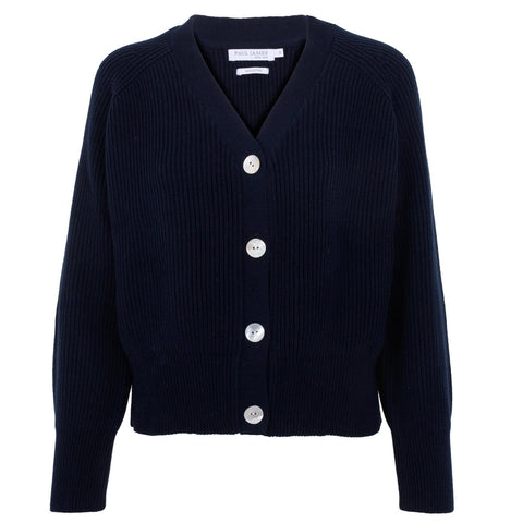 Womens Cotton Oversized V Neck Ribbed Cardigan Navy-Cardigan-Paul James Knitwear-S-Urbanheer