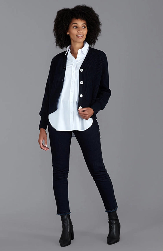 Womens Cotton Oversized V Neck Ribbed Cardigan Navy-Cardigan-Paul James Knitwear-S-Urbanheer