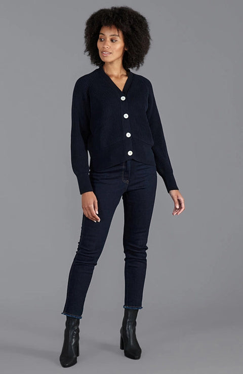 Womens Cotton Oversized V Neck Ribbed Cardigan Navy-Cardigan-Paul James Knitwear-S-Urbanheer