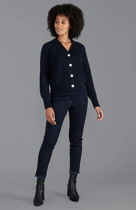 Womens Cotton Oversized V Neck Ribbed Cardigan Navy-Cardigan-Paul James Knitwear-S-Urbanheer