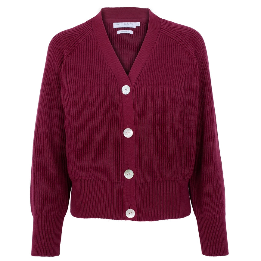 Womens Cotton Oversized V Neck Ribbed Cardigan Rhododendron-Cardigan-Paul James Knitwear-M-Urbanheer