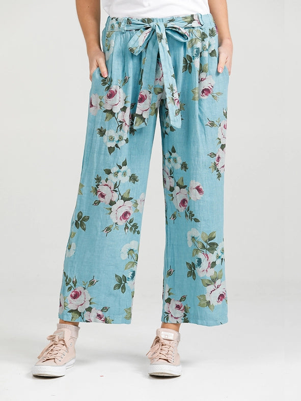Women's - Eva Linen Floral Pants-Pants-Dress Forum-S/M-Tahitian Blue-Urbanheer