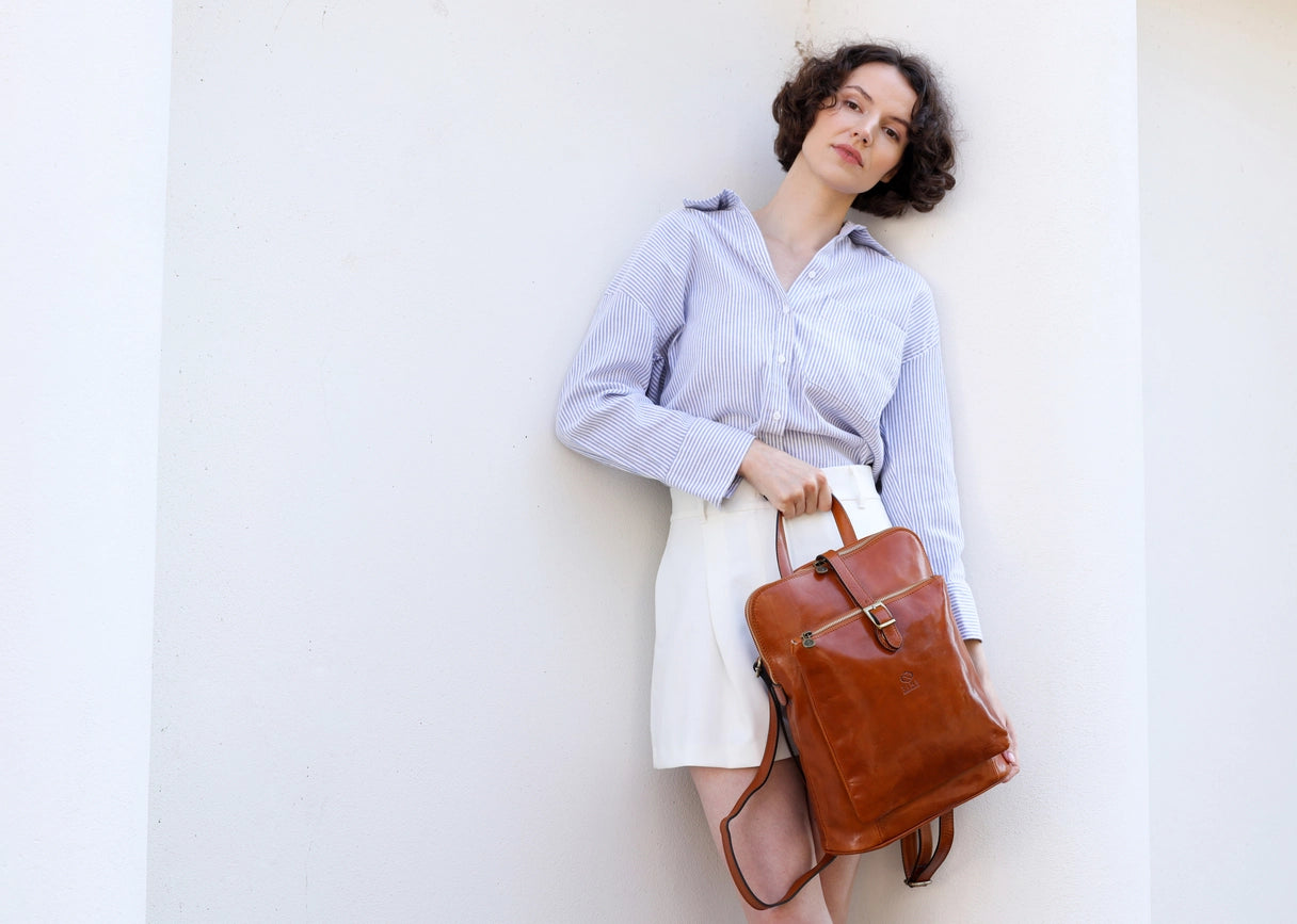 Women's Leather Backpack, Convertible Bag - Emma-Backpacks-Time Resistance-11.4 x 4.7 x 10.2 in (29 x 12 x 26 cm-Brown-Urbanheer