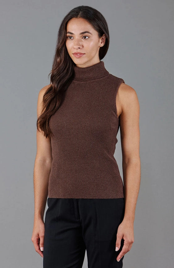 Womens Lightweight 100% Cotton Roll Neck Sleeveless Jumper-Tank Top-Paul James Knitwear-M-Hazelnut-Urbanheer