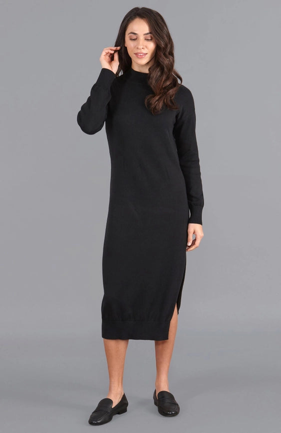 Womens Lightweight Cotton Mock Neck Dress-Dress-Paul James Knitwear-S-Black-Urbanheer