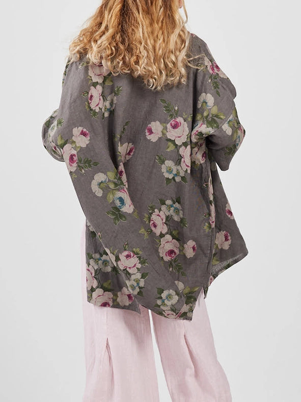 Women's - Linen Floral Teddy Shirt-Shirt-Dress Forum-OS-CHARCOAL-Urbanheer