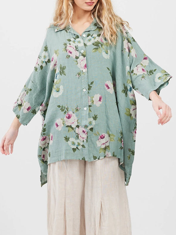 Women's - Linen Floral Teddy Shirt-Shirt-Dress Forum-OS-JADE GREEN-Urbanheer