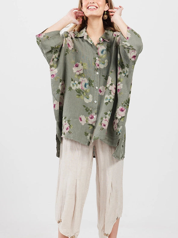 Women's - Linen Floral Teddy Shirt-Shirt-Dress Forum-OS-OLIVE GREEN-Urbanheer