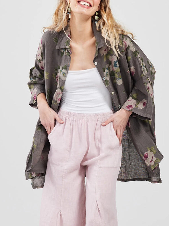 Women's - Linen Floral Teddy Shirt-Shirt-Dress Forum-OS-CREAM-Urbanheer