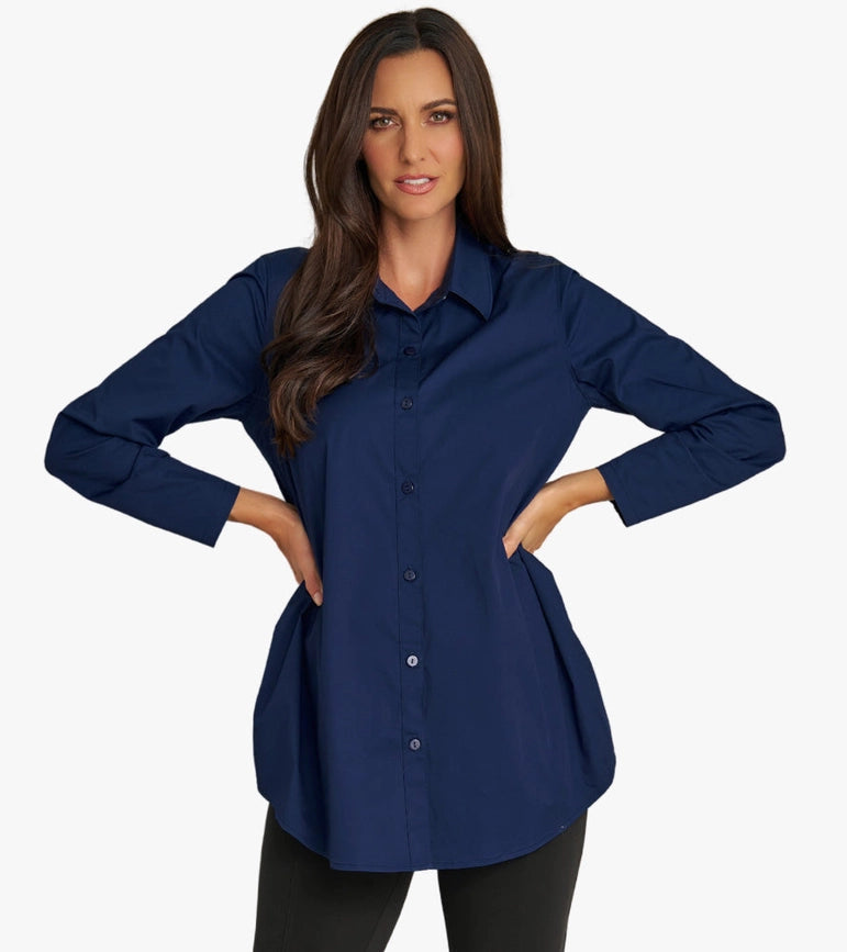 Women's Long Sleeve A-Line Button Front Prime Time Tunic NAVY-Tunic-Stella Carakasi-XS-NAVY-Urbanheer