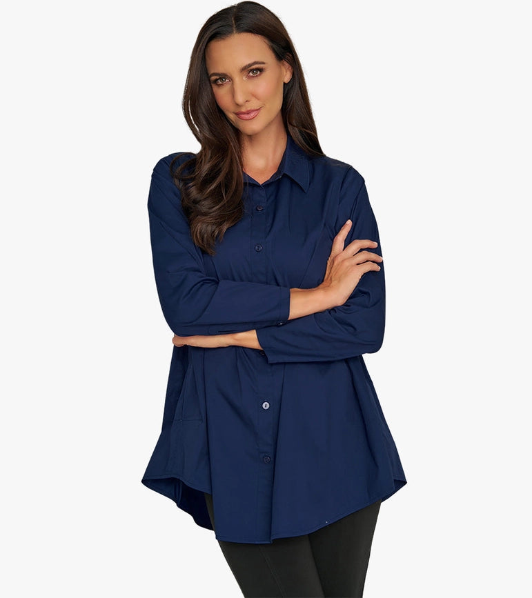 Women's Long Sleeve A-Line Button Front Prime Time Tunic NAVY-Tunic-Stella Carakasi-XS-NAVY-Urbanheer
