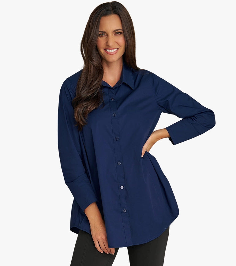 Women's Long Sleeve A-Line Button Front Prime Time Tunic NAVY-Tunic-Stella Carakasi-XS-NAVY-Urbanheer