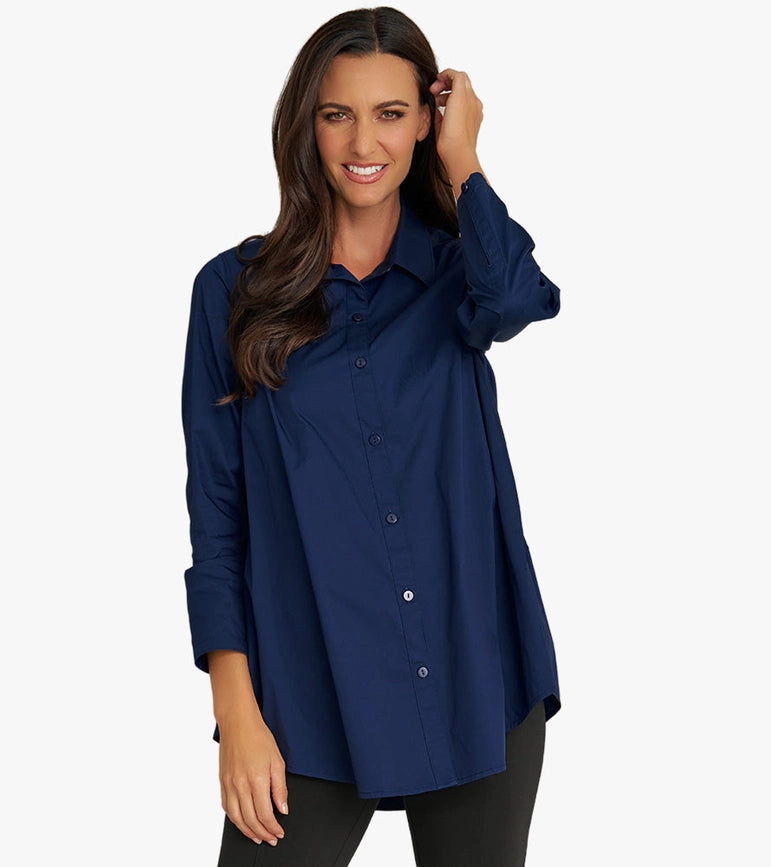 Women's Long Sleeve A-Line Button Front Prime Time Tunic NAVY-Tunic-Stella Carakasi-XS-NAVY-Urbanheer