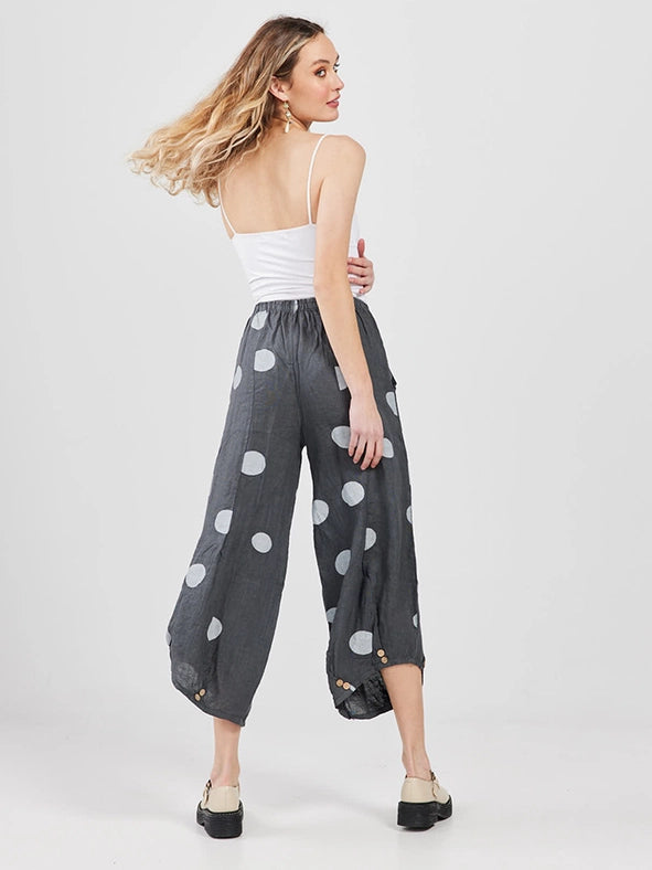 Women's - Lulu Linen Polka Dot Pants CHARCOAL-Pants-Dress Forum-OS-CHARCOAL-Urbanheer