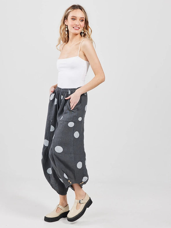 Women's - Lulu Linen Polka Dot Pants CHARCOAL-Pants-Dress Forum-OS-CHARCOAL-Urbanheer
