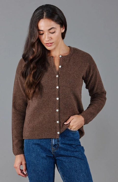 Womens Midweight 100% Lambswool Crew Neck Cardigan-Cardigan-Paul James Knitwear-M-Tobacco-Urbanheer