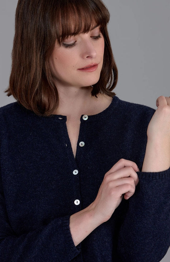 Womens Midweight 100% Lambswool Crew Neck Cardigan Oxford Blue-Cardigan-Paul James Knitwear-S-Urbanheer