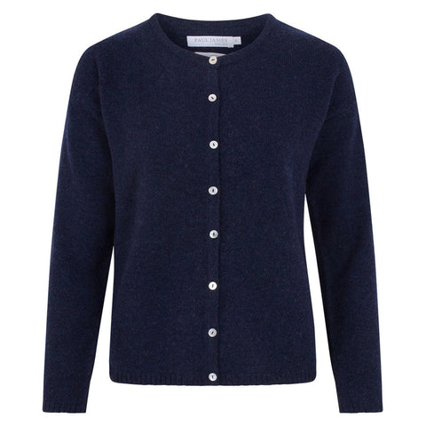 Womens Midweight 100% Lambswool Crew Neck Cardigan Oxford Blue-Cardigan-Paul James Knitwear-S-Urbanheer
