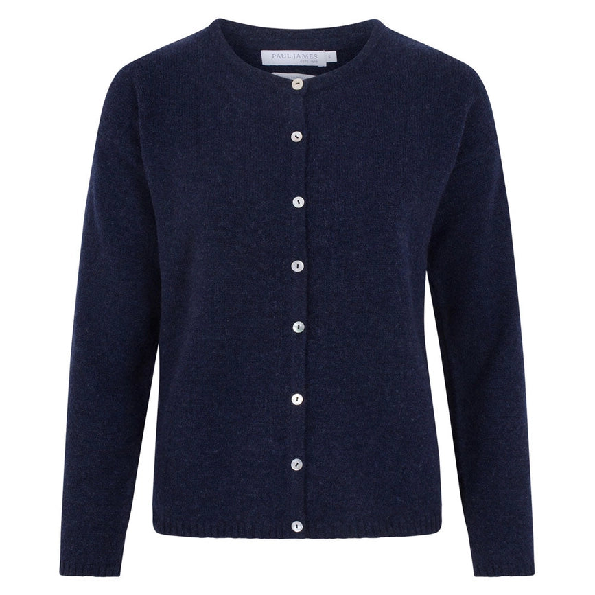 Womens Midweight 100% Lambswool Crew Neck Cardigan Oxford Blue-Cardigan-Paul James Knitwear-S-Urbanheer