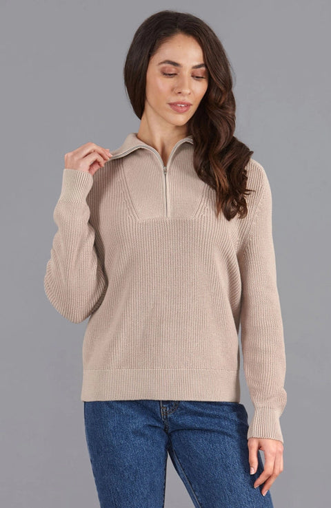 Womens Midweight Cotton Troyer Zip Neck Ribbed Jumper-Jumper-Paul James Knitwear-S-Linen-Urbanheer
