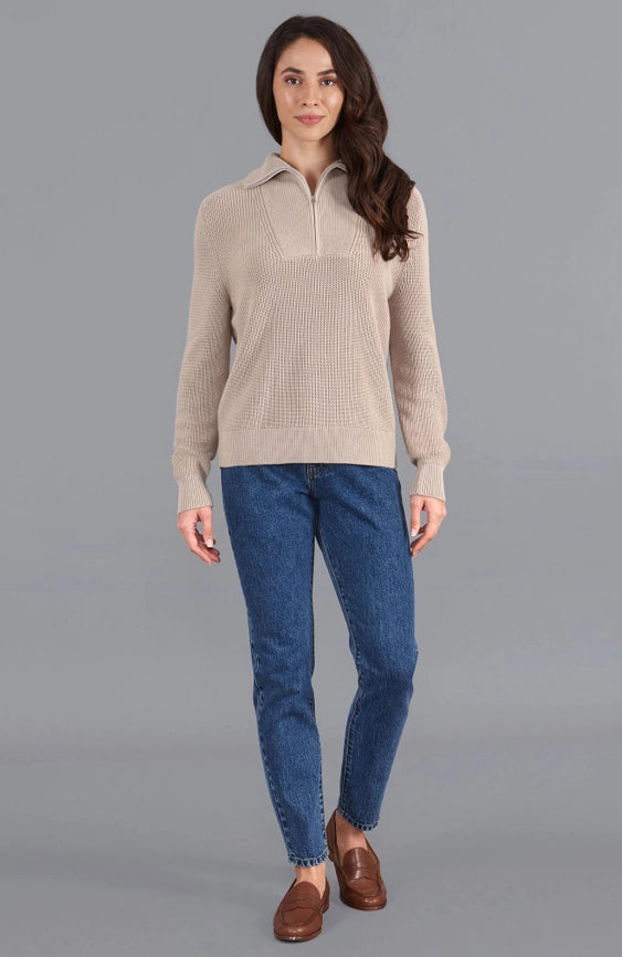 Womens Midweight Cotton Troyer Zip Neck Ribbed Jumper-Jumper-Paul James Knitwear-S-Linen-Urbanheer