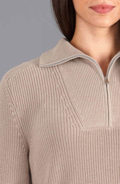 Womens Midweight Cotton Troyer Zip Neck Ribbed Jumper-Jumper-Paul James Knitwear-S-Linen-Urbanheer