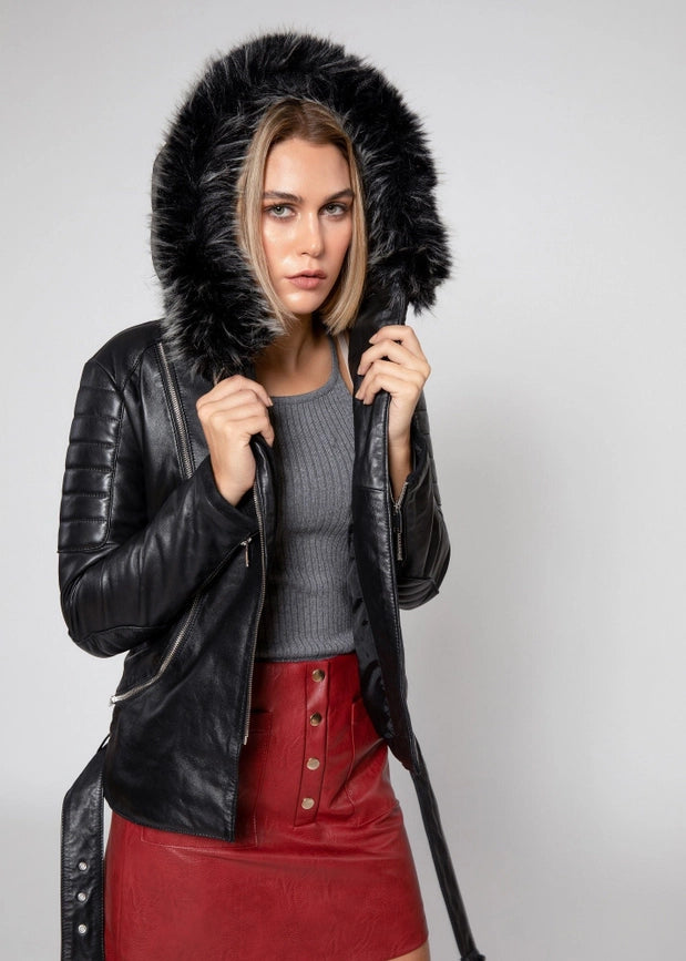 Women's Poseidon Leather Jacket with Fur Hoodie-Jacket-Fadcloset-XXL-Black-Urbanheer