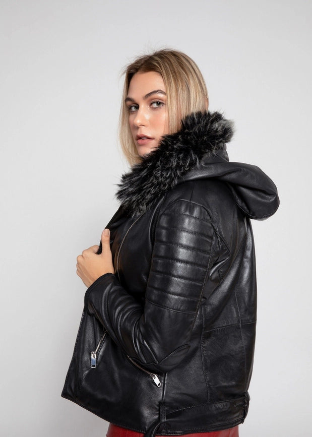 Women's Poseidon Leather Jacket with Fur Hoodie-Jacket-Fadcloset-XXL-Black-Urbanheer