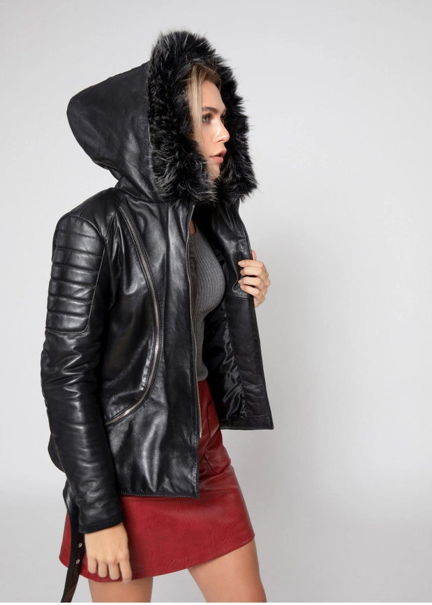 Women's Poseidon Leather Jacket with Fur Hoodie-Jacket-Fadcloset-XXL-Black-Urbanheer
