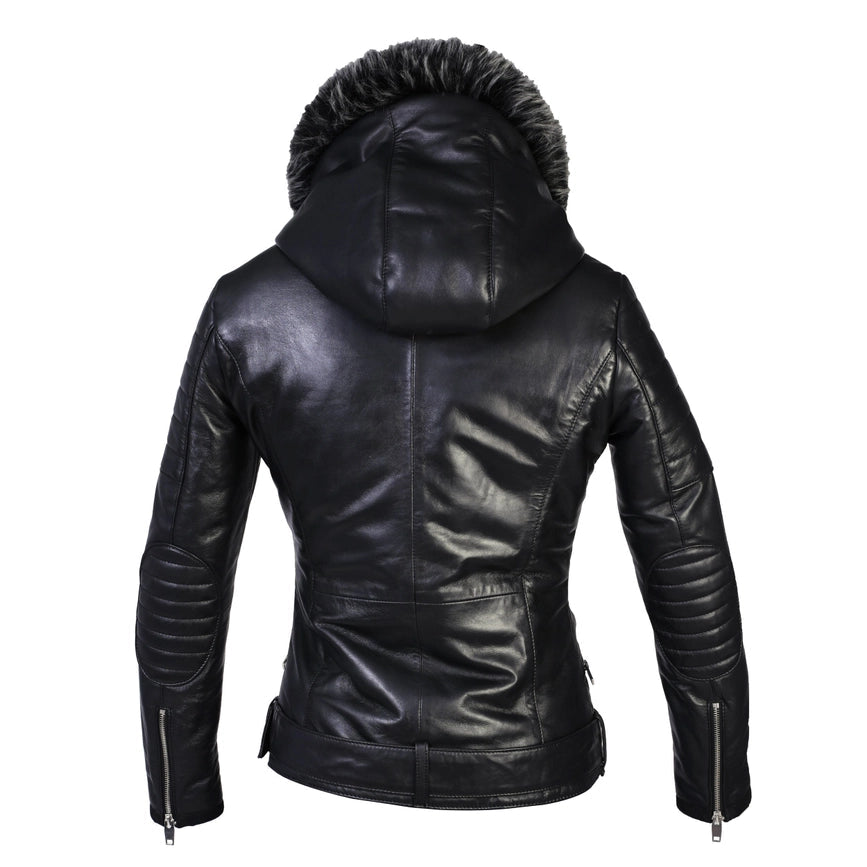 Women's Poseidon Leather Jacket with Fur Hoodie-Jacket-Fadcloset-XXL-Black-Urbanheer