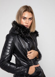 Women's Poseidon Leather Jacket with Fur Hoodie-Jacket-Fadcloset-XXL-Black-Urbanheer