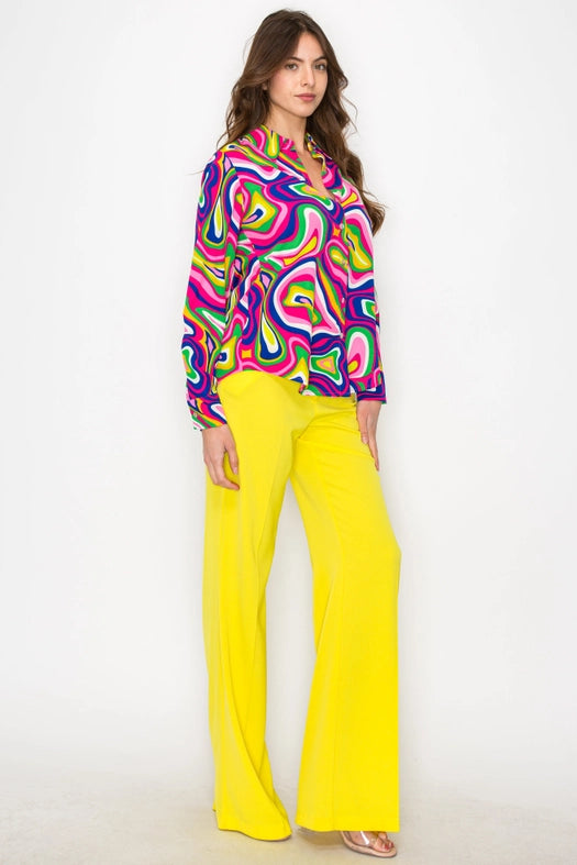 Women's Print Shirt with Circular Motif Pattern-Shirt-One n' More Inc.-S-Magenta-Royal-Sgreen-Urbanheer