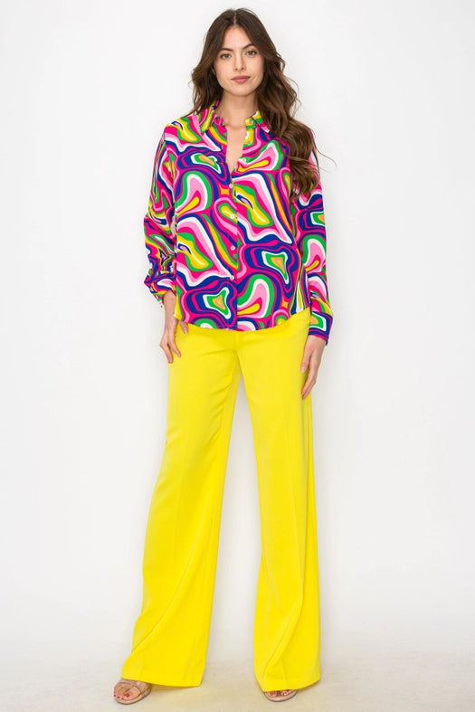 Women's Print Shirt with Circular Motif Pattern-Shirt-One n' More Inc.-S-Magenta-Royal-Sgreen-Urbanheer