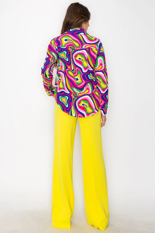 Women's Print Shirt with Circular Motif Pattern-Shirt-One n' More Inc.-S-Magenta-Royal-Sgreen-Urbanheer