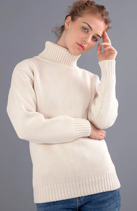 Womens Pure Cotton Heavyweight Submariner Roll Neck Jumper-Jumper-Paul James Knitwear-L-Ecru-Urbanheer