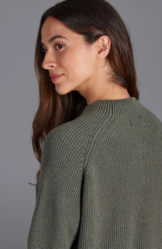 Womens Pure Cotton High Neck Raglan Jumper Khaki-Jumper-Paul James Knitwear-XS-Khaki-Urbanheer