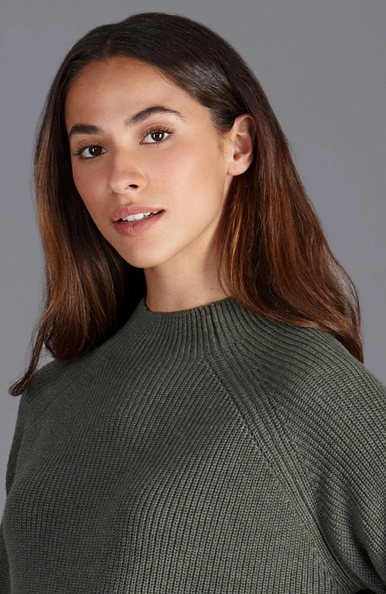 Womens Pure Cotton High Neck Raglan Jumper Khaki-Jumper-Paul James Knitwear-XS-Khaki-Urbanheer