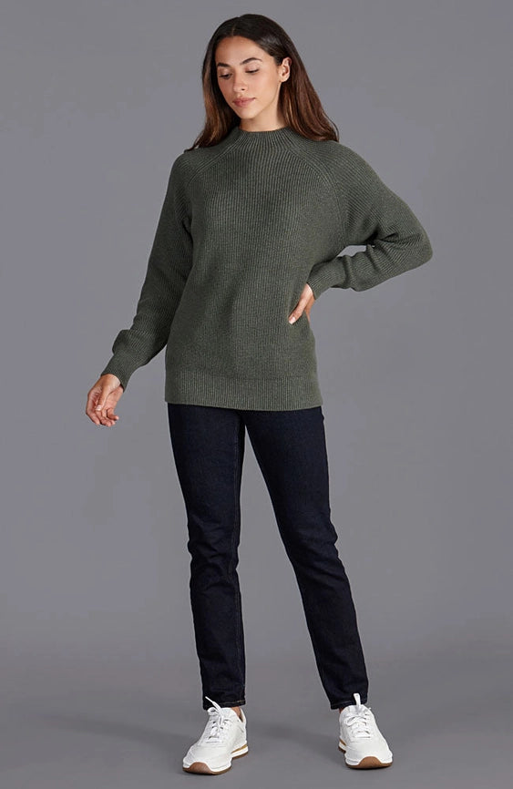Womens Pure Cotton High Neck Raglan Jumper Khaki-Jumper-Paul James Knitwear-XS-Khaki-Urbanheer