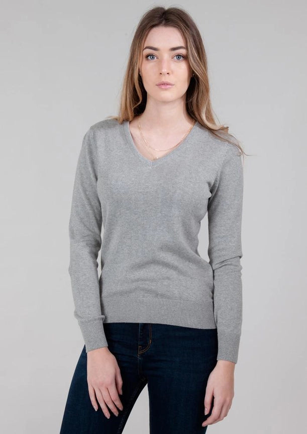 Womens Pure Cotton V-Neck Jumper-Jumper-Paul James Knitwear-XS-Ash Grey-Urbanheer