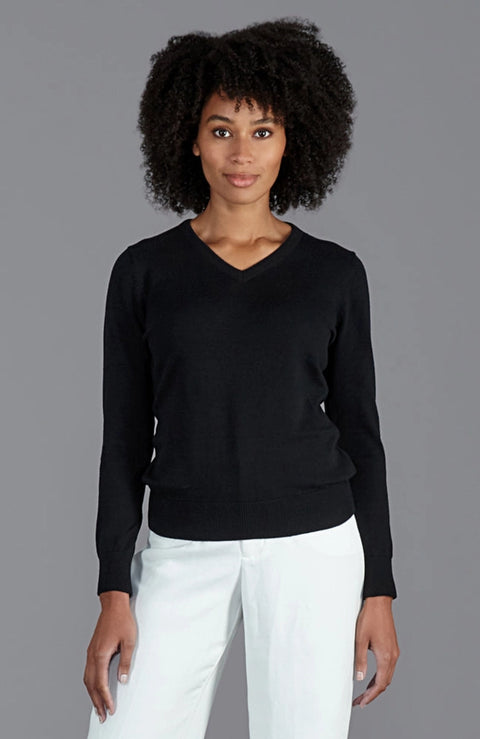 Womens Pure Cotton V-Neck Jumper-Jumper-Paul James Knitwear-XS-Black-Urbanheer