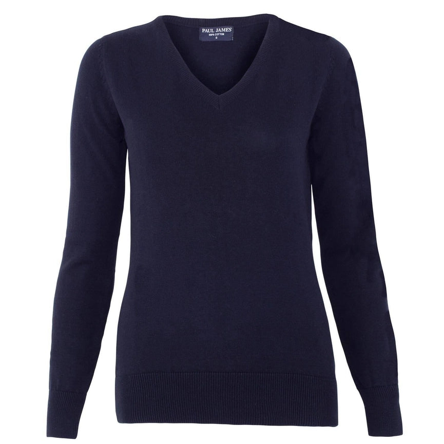 Womens Pure Cotton V-Neck Jumper Navy-Jumper-Paul James Knitwear-XS-Navy-Urbanheer